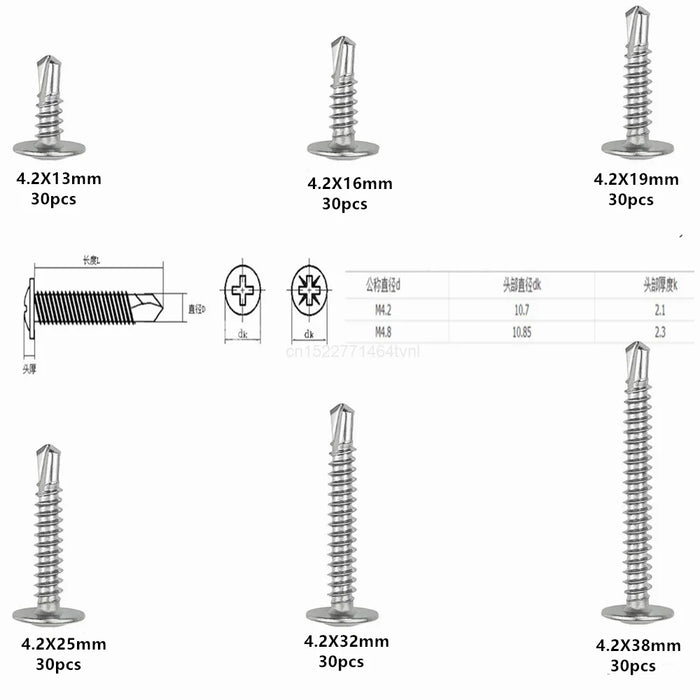 180pcs phillips flat head self drilling tapping screw kit 410 stainless steel m4.2 washer head drilling screw with screwdriver