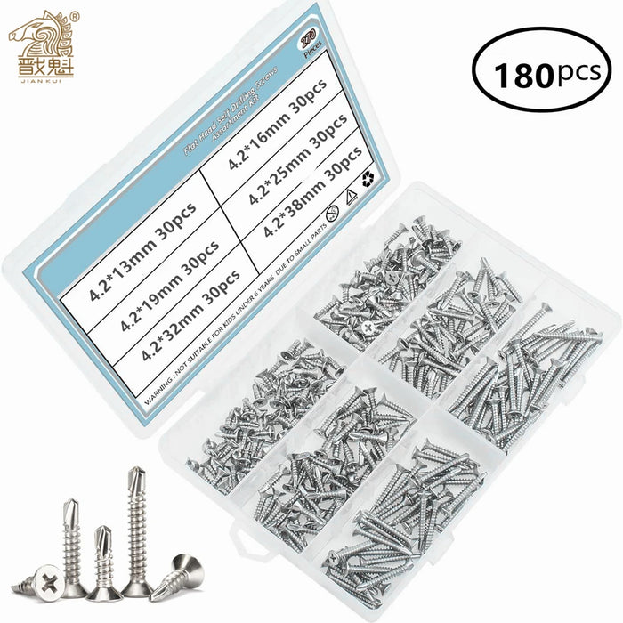 180pcs phillips flat head self drilling tapping screw kit 410 stainless steel m4.2 washer head drilling screw with screwdriver