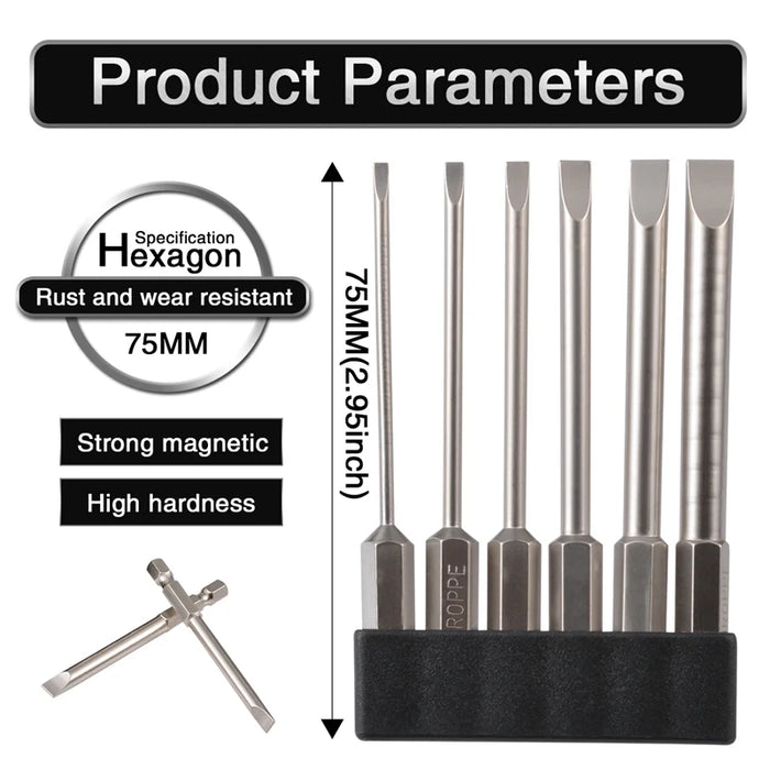 6Pcs 75mm Multifunctional Flat Head Slotted Screwdriver Set S2 Alloy Steel Slotted Tip Magnetic Slotted Screwdrivers Bits