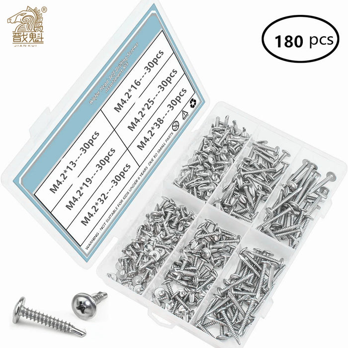 180pcs phillips flat head self drilling tapping screw kit 410 stainless steel m4.2 washer head drilling screw with screwdriver