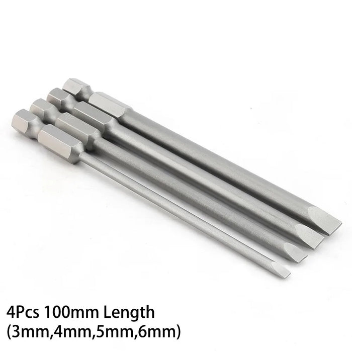 4 Pcs Slotted Screwdriver Bit 100mm 3mm-6mm Magnetic Flat Head 1/4'' Hex Shank Screw Driver For Hand Repair Tools Accessories