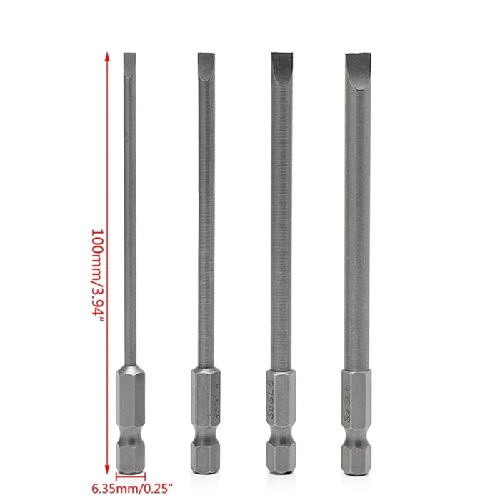 4 Pcs Slotted Screwdriver Bit 100mm 3mm-6mm Magnetic Flat Head 1/4'' Hex Shank Screw Driver For Hand Repair Tools Accessories