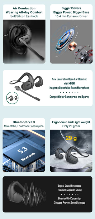 New Generation Air Conduction Professional Headset Open EAR Commercial Earphones ENC Magnetic Detachable Boom Microphone Stereo