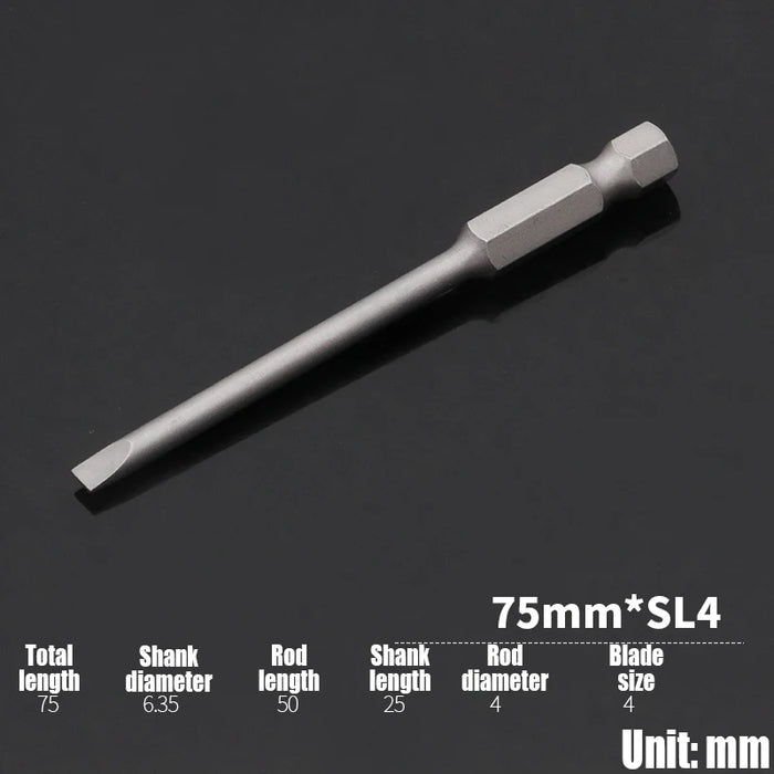 1PCS 50/75/100/150mm Electric Flat Head Slotted Screwdriver Bit SL2-SL6 Strong Magnetic Batch Head Hex Shank Impact Screw Driver