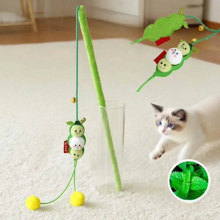Cat Teaser Stick Toy Squeaky Bell Interactive Cute Pea Shape Bite Resistant Kitten Toy Teeth Cleaning Self High Cat Toy