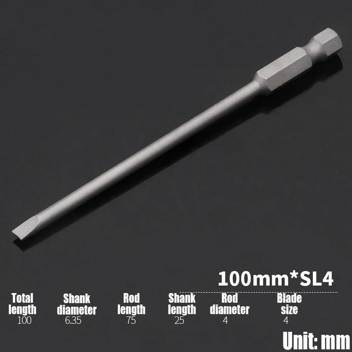 1PCS 50/75/100/150mm Electric Flat Head Slotted Screwdriver Bit SL2-SL6 Strong Magnetic Batch Head Hex Shank Impact Screw Driver