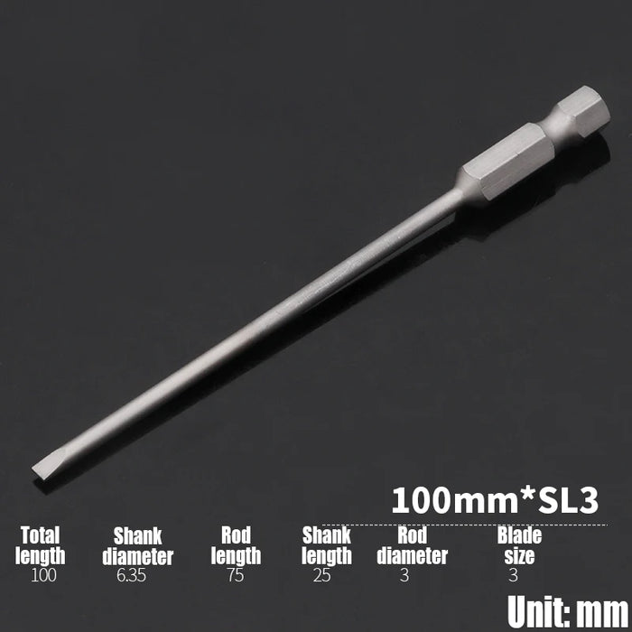 1PCS 50/75/100/150mm Electric Flat Head Slotted Screwdriver Bit SL2-SL6 Strong Magnetic Batch Head Hex Shank Impact Screw Driver