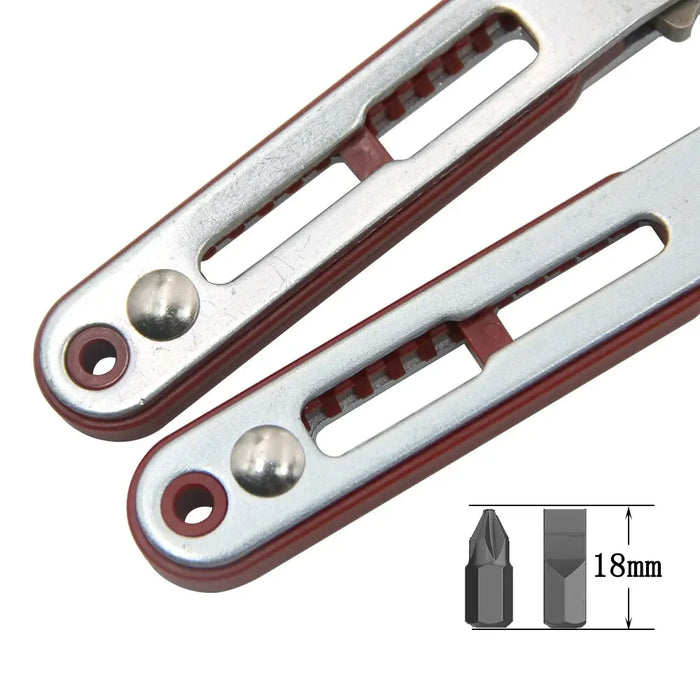 Biaxial front/reverse multifunctional screwdriver - combines an elbow flat-head wrench, cross and slotted heads.