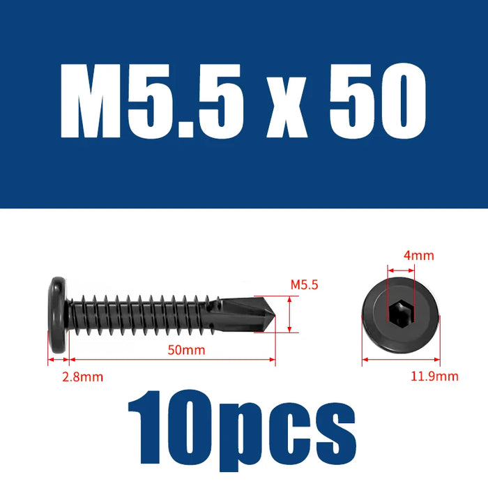 Flat Head Hex Socket Cap Self Drilling Screw Black Zinc 410 M5.5 M6.3 #12#14 Self Tapping Sheet Metal Screws 10/20pcs