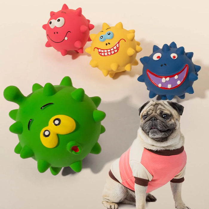 Latex Squeaky Emoji Face Spiky Ball - Pet Toy for Small Dogs, Teething & Teeth Cleaning, Fun Interactive Doggie Plaything