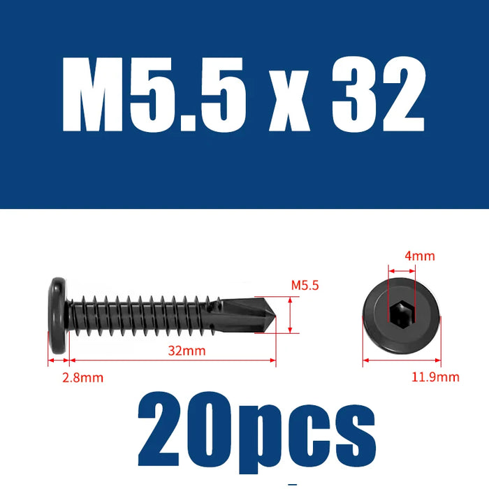 Flat Head Hex Socket Cap Self Drilling Screw Black Zinc 410 M5.5 M6.3 #12#14 Self Tapping Sheet Metal Screws 10/20pcs