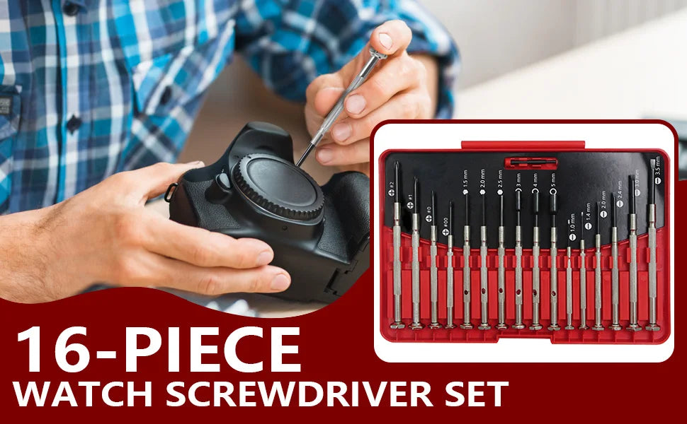 16-screwdriver set, flat head, cross head and hexagonal head, suitable for toy, eyewear, computer and watch repair.