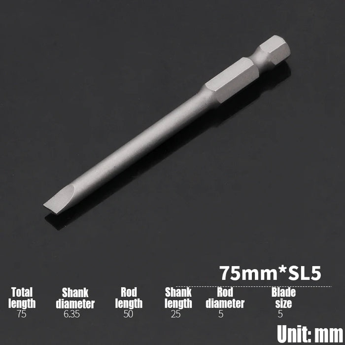 1PCS 50/75/100/150mm Electric Flat Head Slotted Screwdriver Bit SL2-SL6 Strong Magnetic Batch Head Hex Shank Impact Screw Driver