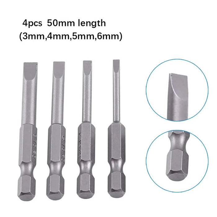 4pcs Flat Head Screwdriver Bits 50mm Long Magnetic Tip Slotted Screwdriver Bits 3-6mmS2 Steel 1/4 Inch Shank Flat Head Bits