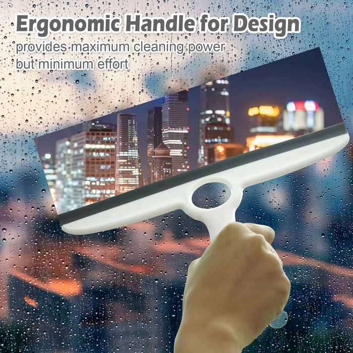 Shower Squeegee for Glass Doors & Walls - 10" Squeegee with Adhesive Hook - Pack of 2/Gray