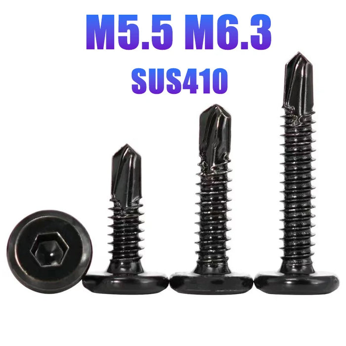 Flat Head Hex Socket Cap Self Drilling Screw Black Zinc 410 M5.5 M6.3 #12#14 Self Tapping Sheet Metal Screws 10/20pcs
