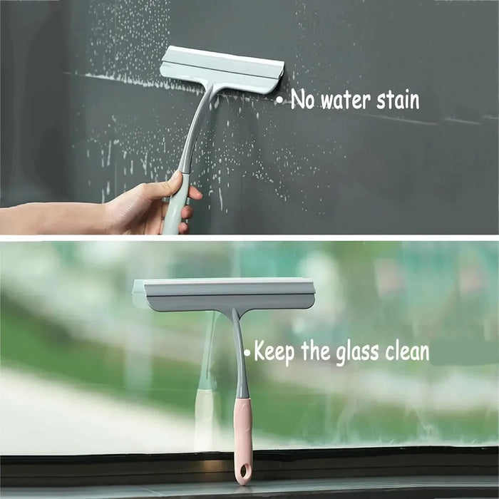 A bathroom shower squeegee for cleaning shower doors and car windows, an efficient surface cleaning tool.