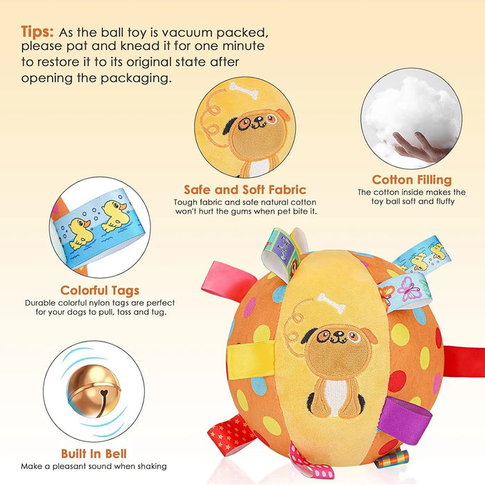 Dog Squeak Ball Toys with Tags Interactive Dog Toys Soft Stuffed Puppy Toys with Built-in Bell Dog Chew Toys Dog Interactive Toy
