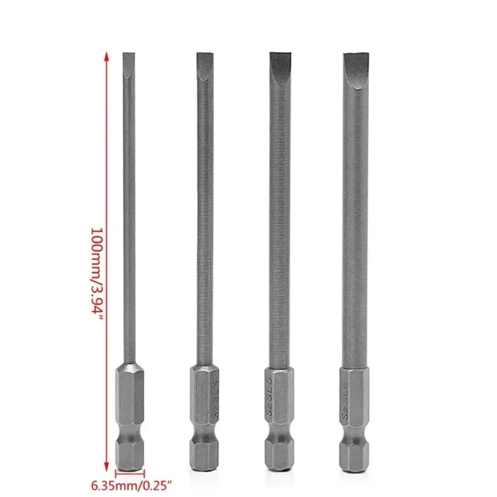 4 Pcs Slotted Screwdriver Bit 100mm 3mm-6mm Magnetic Flat Head 1/4'' Hex Shank Screw Driver For Hand Repair Tools Accessories