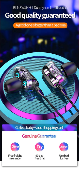 3.5mm Wired Headphones Noise Canceling In-Ear Sports Earphone Dual Driver Bass Stereo Gaming Headset HiFi Music Earbuds With Mic