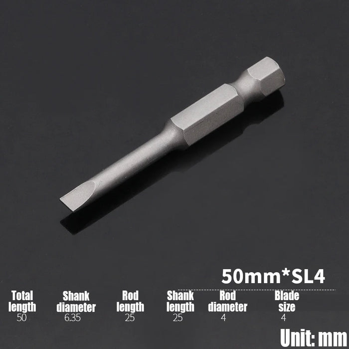 1PCS 50/75/100/150mm Electric Flat Head Slotted Screwdriver Bit SL2-SL6 Strong Magnetic Batch Head Hex Shank Impact Screw Driver