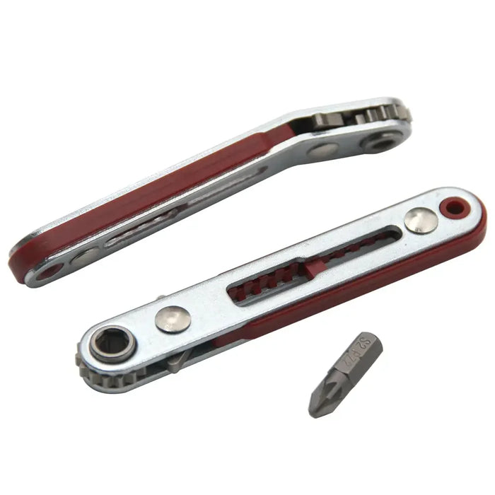 Biaxial front/reverse multifunctional screwdriver - combines an elbow flat-head wrench, cross and slotted heads.
