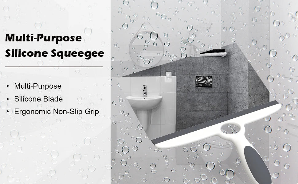 Shower Squeegee for Glass Doors & Walls - 10" Squeegee with Adhesive Hook - Pack of 2/Gray