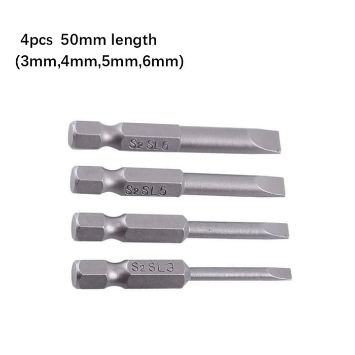 4pcs Flat Head Screwdriver Bits 50mm Long Magnetic Tip Slotted Screwdriver Bits 3-6mmS2 Steel 1/4 Inch Shank Flat Head Bits