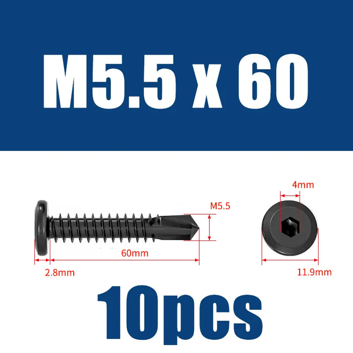 Flat Head Hex Socket Cap Self Drilling Screw Black Zinc 410 M5.5 M6.3 #12#14 Self Tapping Sheet Metal Screws 10/20pcs