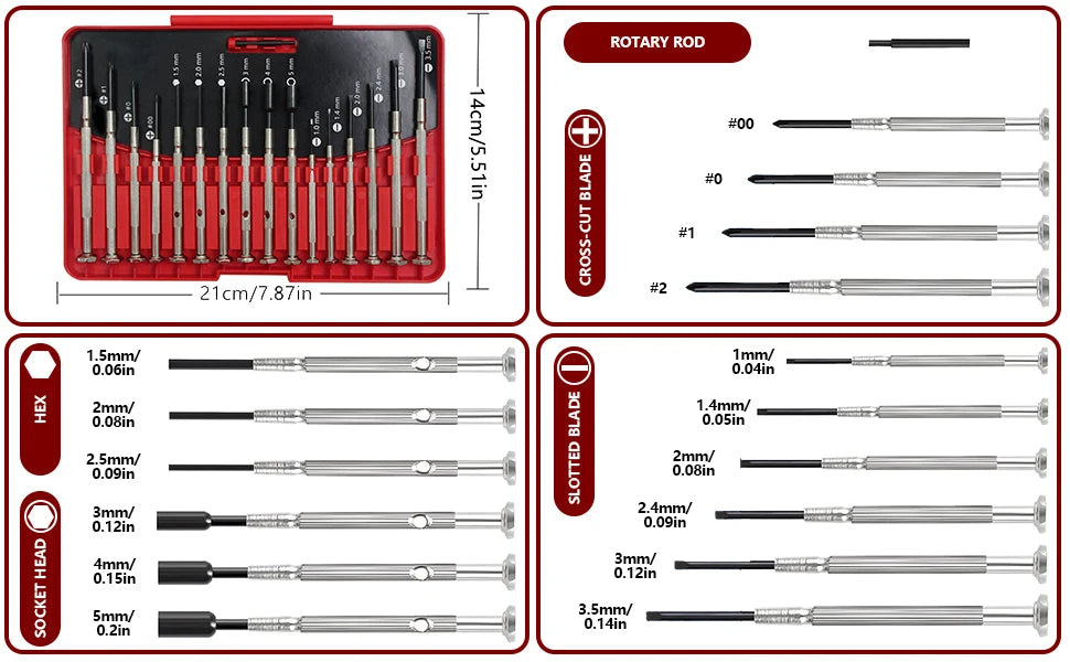 16-screwdriver set, flat head, cross head and hexagonal head, suitable for toy, eyewear, computer and watch repair.