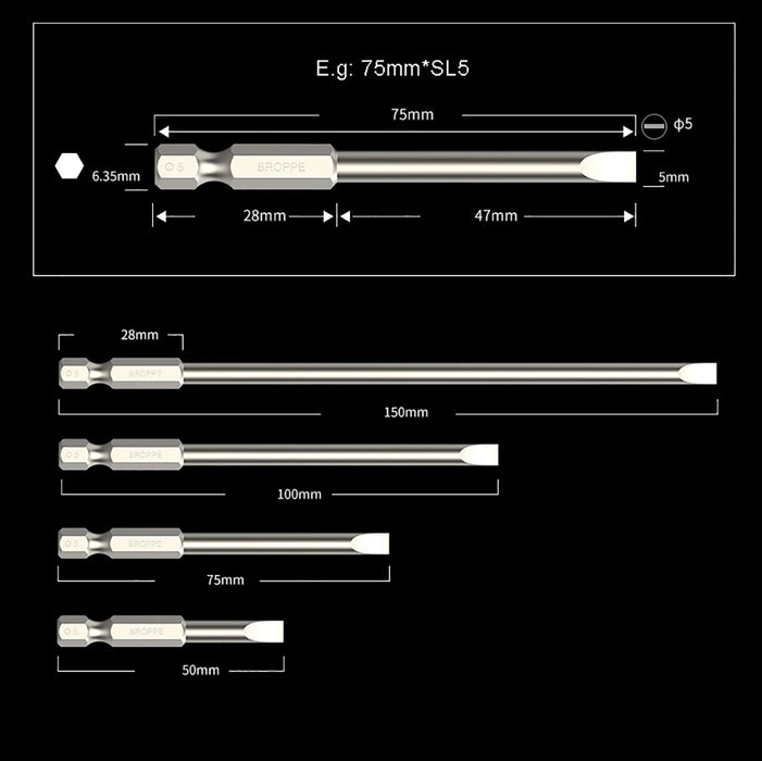 50/75/100/150mm long 2.0-6.0mm Flat Head Slotted Tip Screwdrivers Bit 1/4" Hex Shank Driver Bits Magnetic Screwdriver Drill Bit