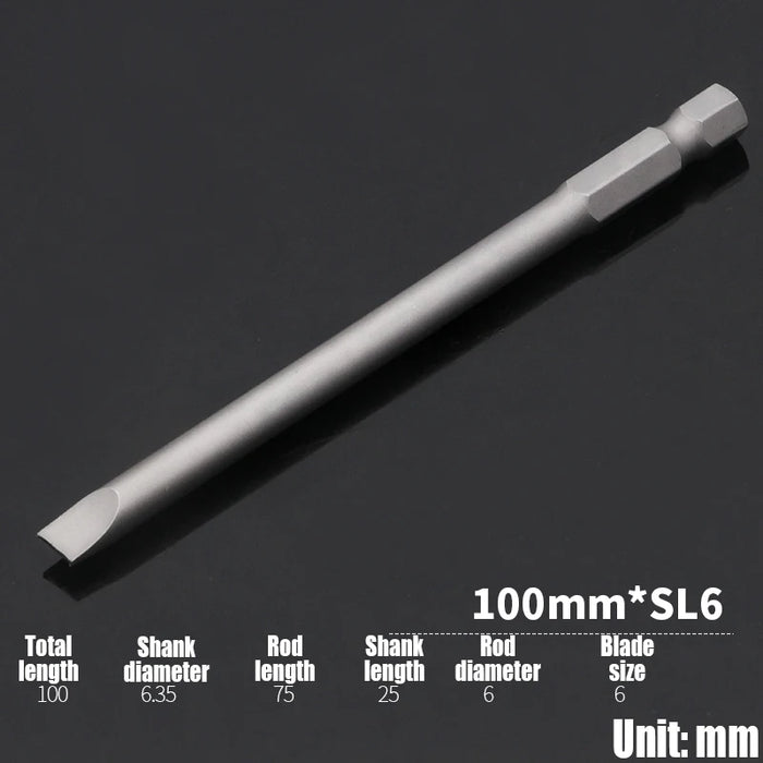 1PCS 50/75/100/150mm Electric Flat Head Slotted Screwdriver Bit SL2-SL6 Strong Magnetic Batch Head Hex Shank Impact Screw Driver