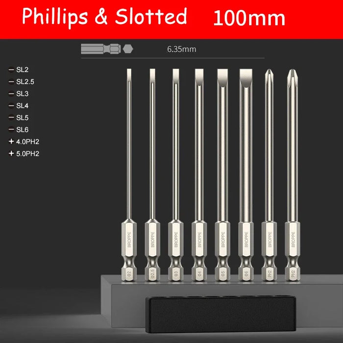Slotted Screwdriver Bits 50mm/75mm/100/150mm Long Magnetic Tip Screwdriver Flat Head Bits S2 Steel 1/4 Inch Shank Hand Tool