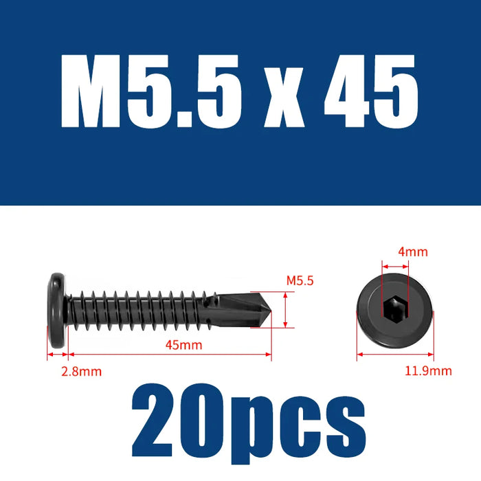Flat Head Hex Socket Cap Self Drilling Screw Black Zinc 410 M5.5 M6.3 #12#14 Self Tapping Sheet Metal Screws 10/20pcs