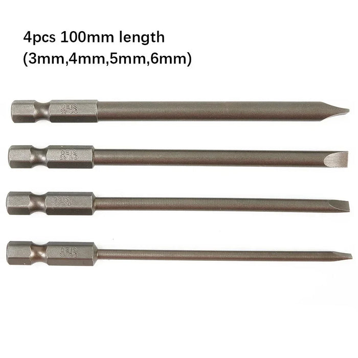 4 Pcs Slotted Screwdriver Bit 100mm 3mm-6mm Magnetic Flat Head 1/4'' Hex Shank Screw Driver For Hand Repair Tools Accessories