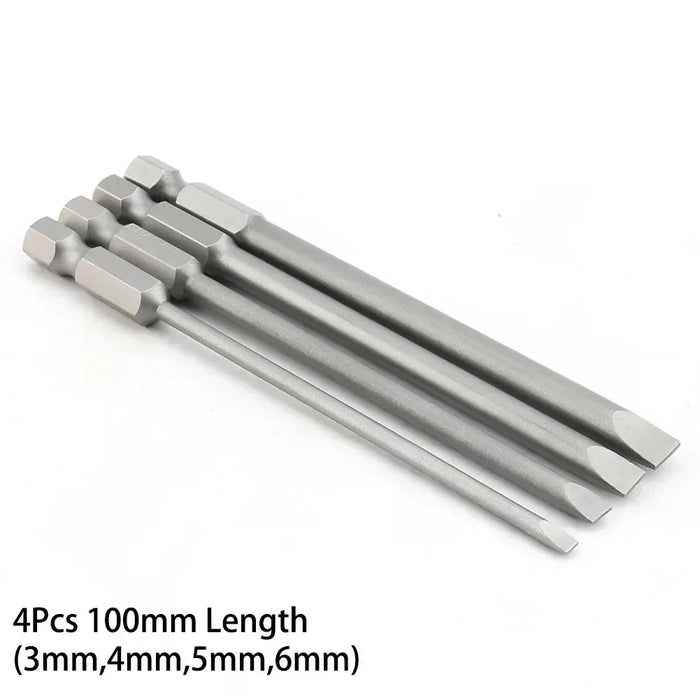 4 Pcs Slotted Screwdriver Bit 100mm 3mm-6mm Magnetic Flat Head 1/4'' Hex Shank Screw Driver For Hand Repair Tools Accessories