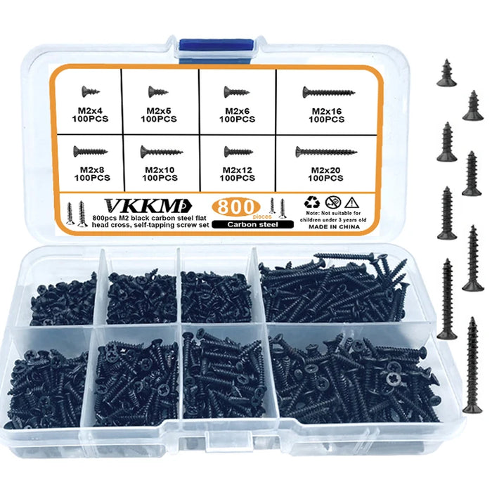 M2 black Flat Head Cross Carbon Steel Self-Tapping Screw 800Pcs, Suitable For Home Improvement, DIY Engineering, Electronic Prod