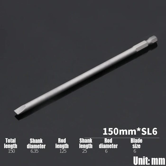 1PCS 50/75/100/150mm Electric Flat Head Slotted Screwdriver Bit SL2-SL6 Strong Magnetic Batch Head Hex Shank Impact Screw Driver