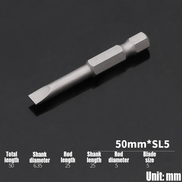 1PCS 50/75/100/150mm Electric Flat Head Slotted Screwdriver Bit SL2-SL6 Strong Magnetic Batch Head Hex Shank Impact Screw Driver