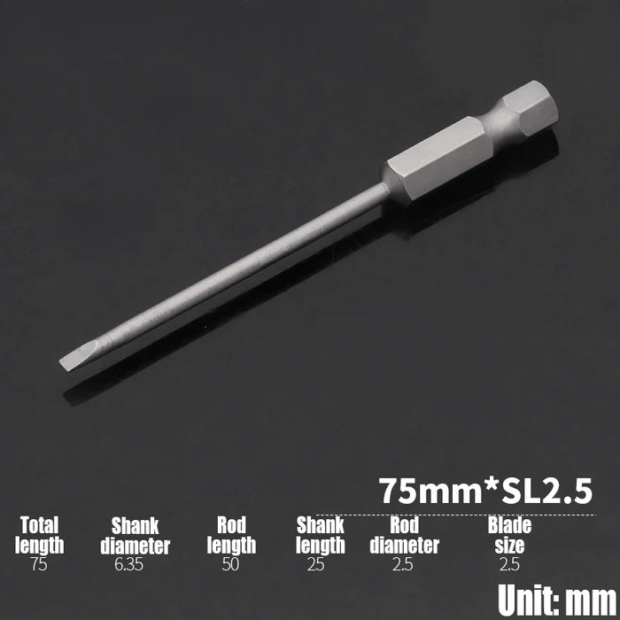 1PCS 50/75/100/150mm Electric Flat Head Slotted Screwdriver Bit SL2-SL6 Strong Magnetic Batch Head Hex Shank Impact Screw Driver