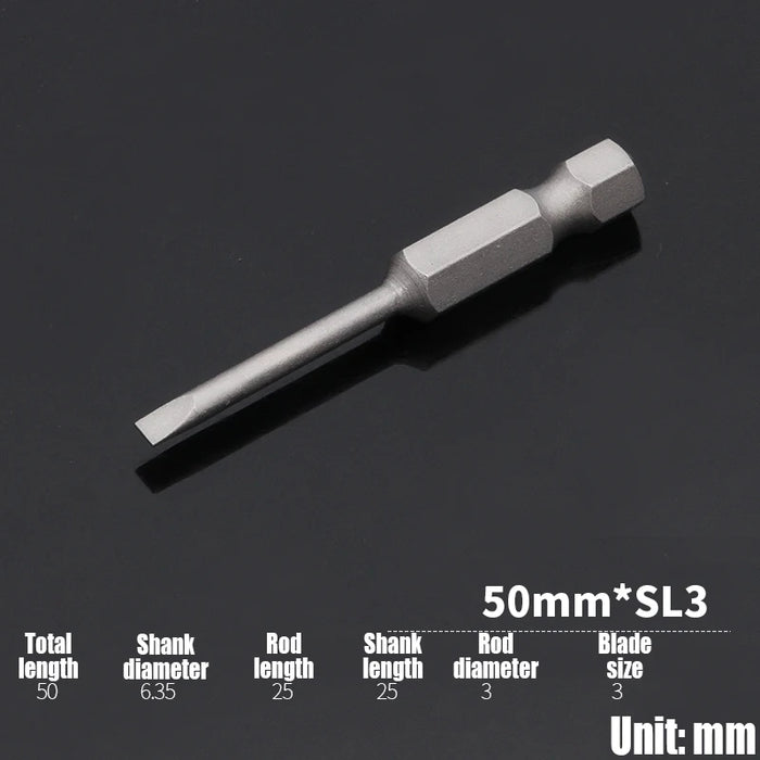 1PCS 50/75/100/150mm Electric Flat Head Slotted Screwdriver Bit SL2-SL6 Strong Magnetic Batch Head Hex Shank Impact Screw Driver