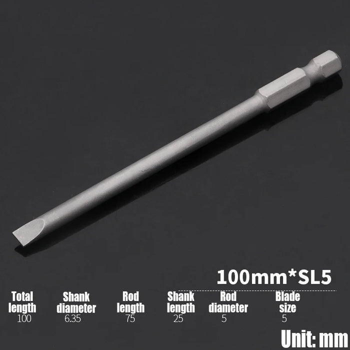 1PCS 50/75/100/150mm Electric Flat Head Slotted Screwdriver Bit SL2-SL6 Strong Magnetic Batch Head Hex Shank Impact Screw Driver