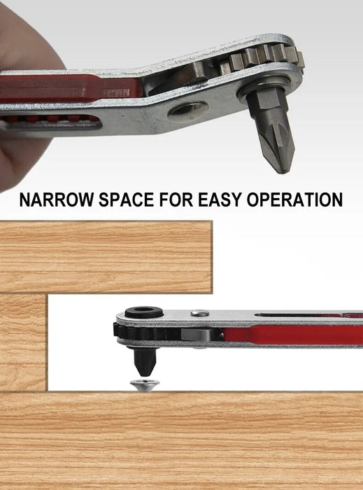 Biaxial front/reverse multifunctional screwdriver - combines an elbow flat-head wrench, cross and slotted heads.