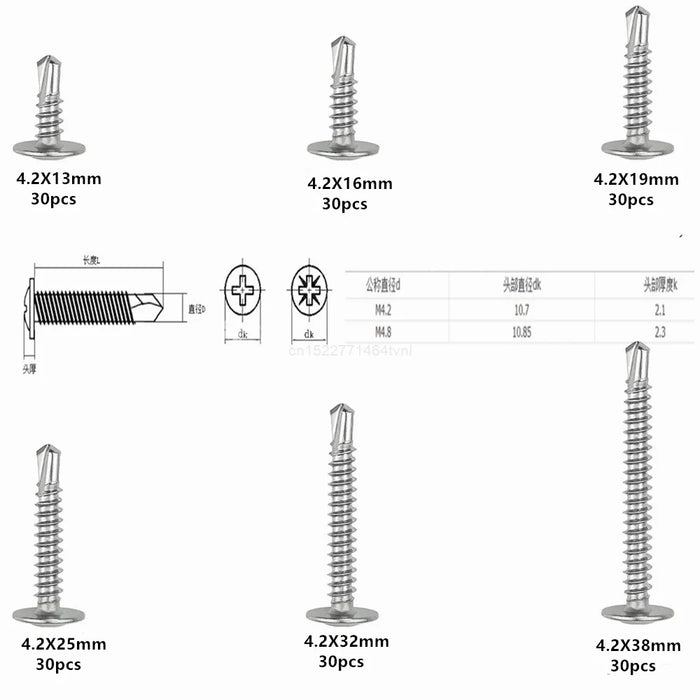 180pcs phillips flat head self drilling tapping screw kit 410 stainless steel m4.2 washer head drilling screw with screwdriver