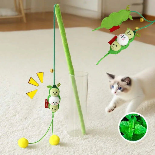 Cat Teaser Stick Toy Squeaky Bell Interactive Cute Pea Shape Bite Resistant Kitten Toy Teeth Cleaning Self High Cat Toy