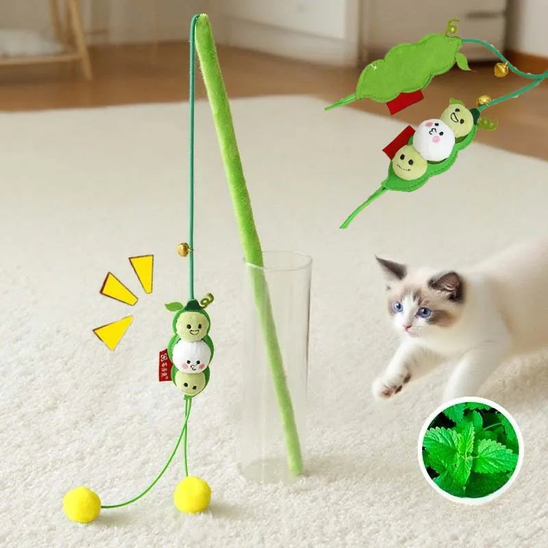 Cat Teaser Stick Toy Squeaky Bell Interactive Cute Pea Shape Bite Resistant Kitten Toy Teeth Cleaning Self High Cat Toy