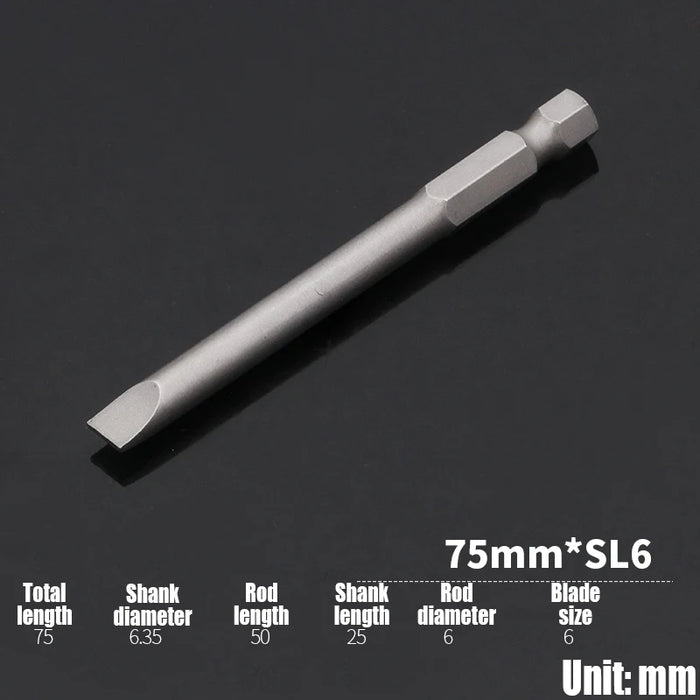 1PCS 50/75/100/150mm Electric Flat Head Slotted Screwdriver Bit SL2-SL6 Strong Magnetic Batch Head Hex Shank Impact Screw Driver