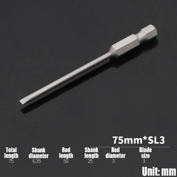 1PCS 50/75/100/150mm Electric Flat Head Slotted Screwdriver Bit SL2-SL6 Strong Magnetic Batch Head Hex Shank Impact Screw Driver
