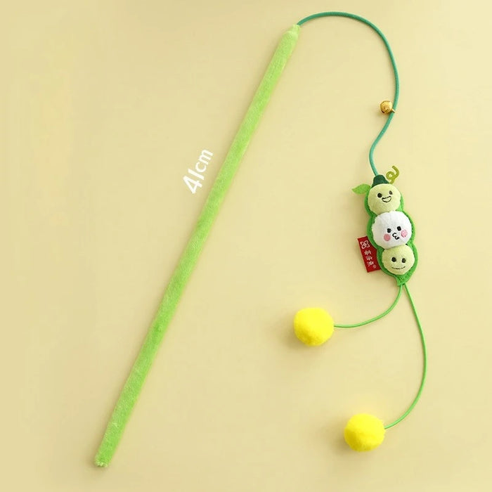 Cat Teaser Stick Toy Squeaky Bell Interactive Cute Pea Shape Bite Resistant Kitten Toy Teeth Cleaning Self High Cat Toy